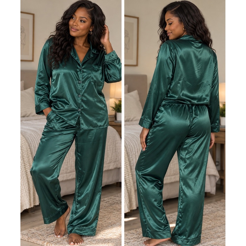 Swomog Satin Pajama Set Green Long Sleeve Button Medium NWT